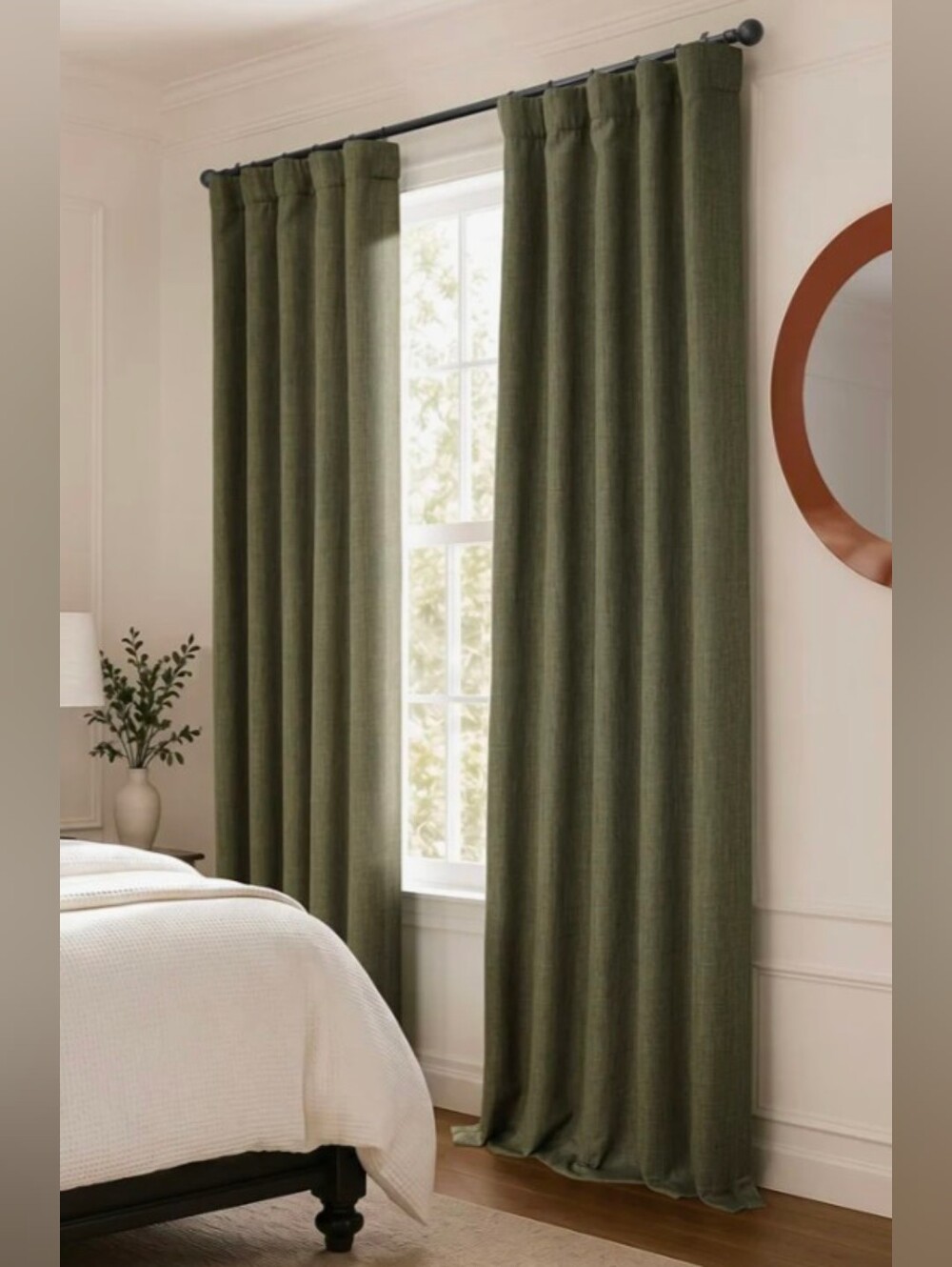 2-Faux Linen Room Darken Curtain Panel, Khaki Green -50x 84" INCLUDED ROD! New
